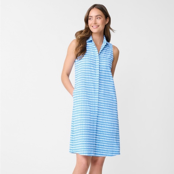J. McLaughlin Collared Sleeveless Negin Dress in Aberdeen Geo Blue and White XS - Picture 2 of 11